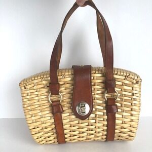 Vintage SIMON Mister Ernest Wicker Purse Hong Kong Brown Leather Handbag